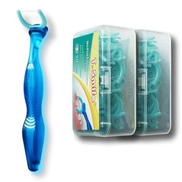Imagem de T.Smile NoFuss Kit de irrigador dental, cabo longo de 12,7 cm e cabeças de recarga, fio dental extra forte para uma limpeza confortável, sem flúor, (1 cabo azul + 100 refis de fio dental extrafortes)