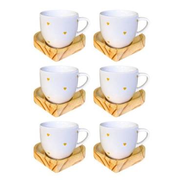 Imagem de Kit 6 Xícaras Paris 170ml Poá Coração Amarelo Com Pires De Madeira Cor