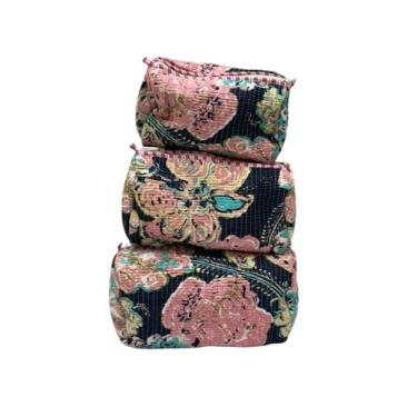 Imagem de Bolsa feminina de algodão com estampa floral, bolsa de cosméticos para maquiagem, kit organizador de joias, bolsa de armazenamento, acessórios de viagem, itens de higiene essenciais, bolsa aberta