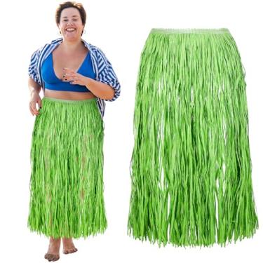Imagem de Mepase Saia de hula verde plus size para mulheres, ráfia, grama com flores, 137 x 76 cm, ajustável, natural, havaiana, hula (fresca)