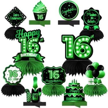 Imagem de Happy 16th Birthday Mesa verde e preta centros de mesa balões tema decoração decoração de mesa topos de mesa para meninas mulheres princesa 16 anos de idade aniversário festa aniversário suprimentos