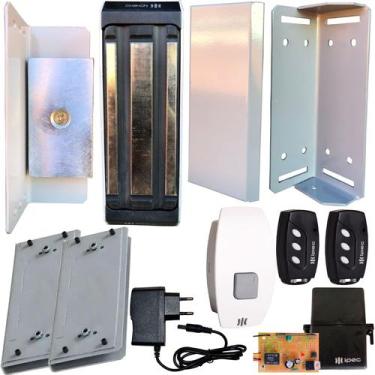 Imagem de Kit Fechadura Magnética Eletroímã Botoeira Sem Fio Controles Blindex P