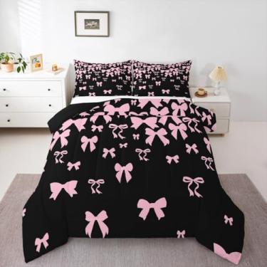 Imagem de jejeloiu Conjunto de edredom com laço fofo para meninas, tamanho casal, aquarela, para crianças, meninos, meninas, preto, rosa, coquete, laço, edredom com laço rosa, decoração de quarto, 3 peças com 2