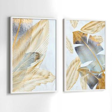 Imagem de Conjunto Quadros Decorativos com Moldura Folhas Azul Verde Dourada Kit