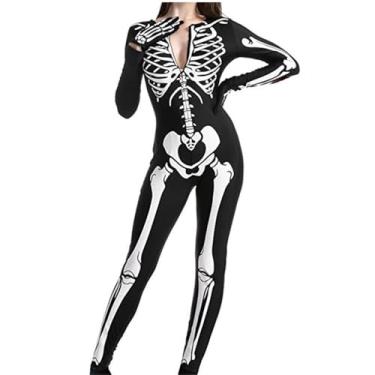Imagem de Macacão feminino esqueleto sexy de caveira cosplay fantasia de Halloween com zíper e boner macacão pijama roupa de boate