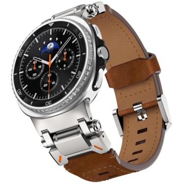 Imagem de WINGLE Pulseira de couro para Samsung Galaxy Watch Ultra de 47 mm 2025/2024 masculina, resistente, de grão superior, com conector de metal, armadura clássica, casual, negócios, Galaxy Watch