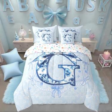 Imagem de Erosebridal Jogo de cama casal com estampa floral rosa, 7 peças, para presente de aniversário, com estampa floral rosa, lindo conjunto de edredom com laço azul preppy com lençóis, alfabeto 3D