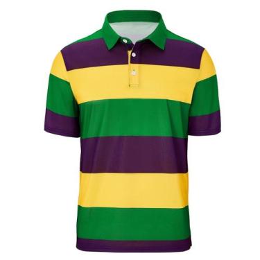 Imagem de Camisa polo Zando Mardi Gras para homens listrada roxo-verde-amarelo