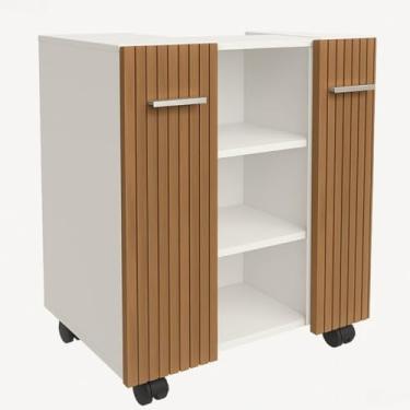 Imagem de Armário Premium para Lavatório de Coluna - Com 2 portas e rodízios, à prova de água, perfeito para casas de banho elegantes e arrumação eficiente (Branco/Ripado)