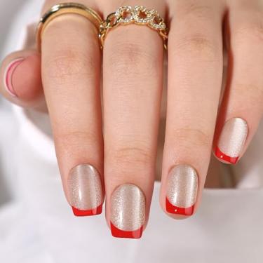 Imagem de RTKHFZE Pregos quadrados com ponta francesa – unhas curtas, unhas curtas e macias de gel para mulheres, ajuste natural reutilizável em 16 tamanhos – Kit de 32 unhas postiças, ponta de olho de gato