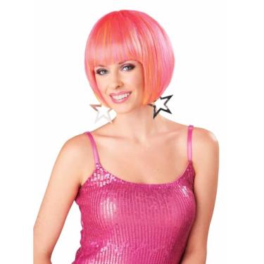 Imagem de JUST FOR PARTY Perucas de cabelo curto bob, 33 cm liso com franja plana, peruca sintética colorida cosplay festa diária para mulheres (rosa com laranja)