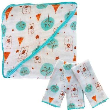 Imagem de Kit Toalha de Banho Bebê com Capuz Fralda Grossa 100% Algodão + 3 Panos de Boca Babete Enxoval Menino Menina (Urso Oca)