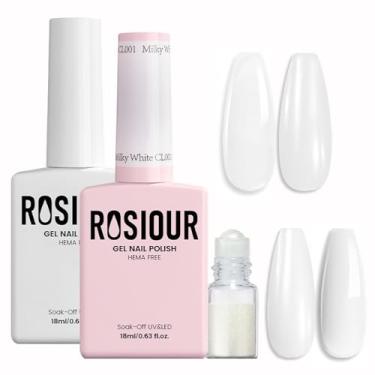 Imagem de Rosiour Kit de esmalte de gel sem HEMA – Conjunto de 2 peças de esmalte de gel branco e leitoso de 18 ml com pó cromado para salão de manicure com ponta francesa, faça você mesmo em casa, cura leve em