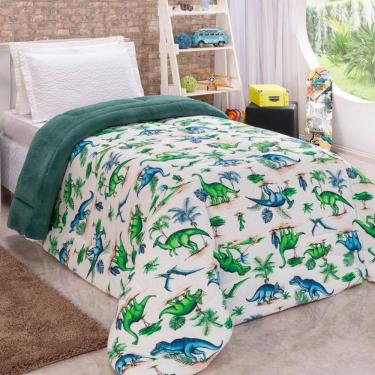 Imagem de Coberdrom Solteiro Dupla Face Malha Manta Dinossauro Verde