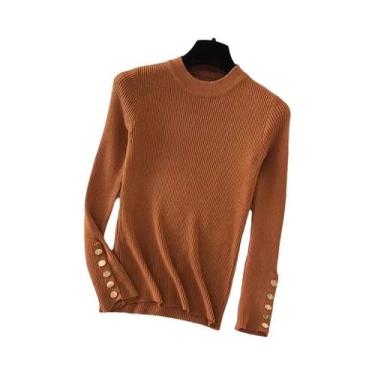 Imagem de Suéter Feminino Cáqui de Malha Grossa - Gola Redonda, Botão, Slim Fit 