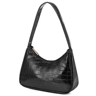 Imagem de LOVEVOOK Bolsa de ombro feminina, pequena bolsa de mão com estampa de crocodilo, bolsa pequena de couro vegano fofa mini bolsa de mão, Preto