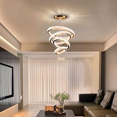 Imagem de Diisunbihuo Lustres de LED grandes de cristal modernos, 5 anéis, luminária de teto ajustável para quarto, sala de jantar, cozinha (branco quente)