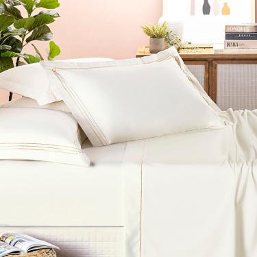 Imagem de Jogo Cama Lençol Trivio Casal 400 Fios Bordado Fronhas Aba Americana 4 Peças Palha