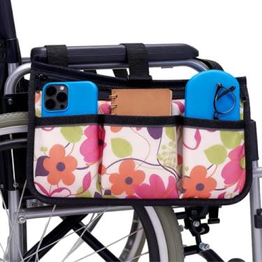 Imagem de WEEOATAR Bolsa lateral para cadeira de rodas bolsa de armazenamento com suporte de copo, impermeável, fácil de usar com zíper, bolso lateral com faixa refletiva para cadeiras de rodas, andadores ou