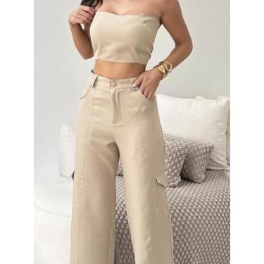 Imagem de Conjunto Feminino em Alfaiataria Calça Cargo e Top - Nifty Closet, Beg