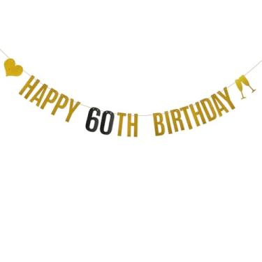 Imagem de Faixa HAPPY 60TH BIRTHDAYY, pré-amarrada, dourada e preta com glitter para decoração de festa de aniversário de 60 anos, letras pretas e douradas, ABCpartyland