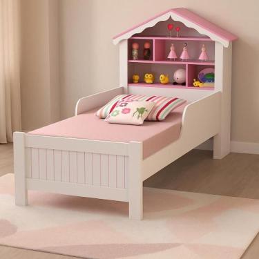 Imagem de Cama Solteiro Princesa Casinha Branco com Rosa + Colchão - Vitamov