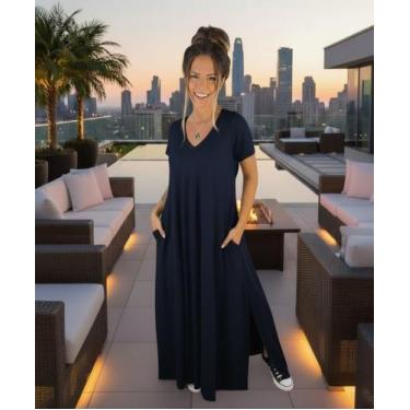 Imagem de vestido gola v com fenda na lateral - neide moda, Azul marinho, G1 50-