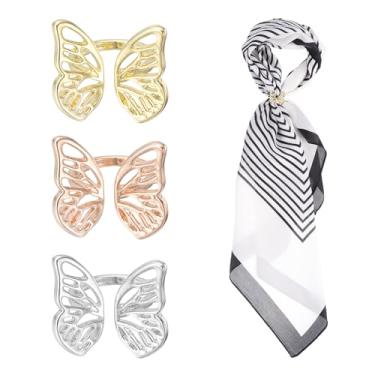 Imagem de PATIKIL Clipe de anel de lenço de seda, 3 peças de cachecóis de borboleta, pino, xale, fivelas, moda, metal, roupas, anel para presente, joia feminina, tom dourado/tom prateado/ouro rosa