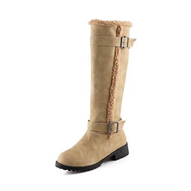 Imagem de Bigfanshu Botas femininas de cano curto fivela de cinto de salto baixo neve tamanho grande, Amarelo, 40 M EU