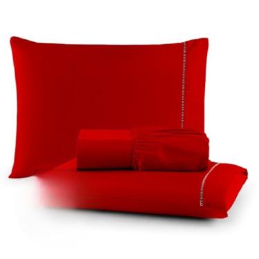 Imagem de Jogo de Lençol Antiácaro e Anti-Pilling - Roupa de Cama com Toque Acetinado e Elástico para Casal, Queen e King(VERMELHO,CASAL)