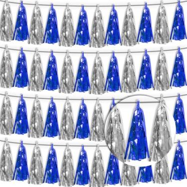 Imagem de Faixa de borla prateada azul marinho 4P guirlanda de franja metálica com franja de borlas de borlas pano de fundo para boias de desfile, decorações de festa de aposentadoria para noivas/chá de bebê