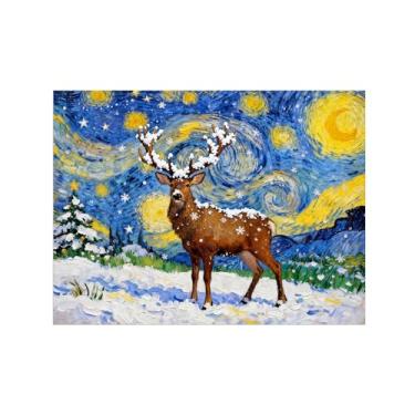 Imagem de Pinturas em tela Natal-Quadros Decoração de Parede-Cervos neve noite estrelada-Inverno Paisagens Impressões para Sala de Estar 60x80cm Sem Moldura
