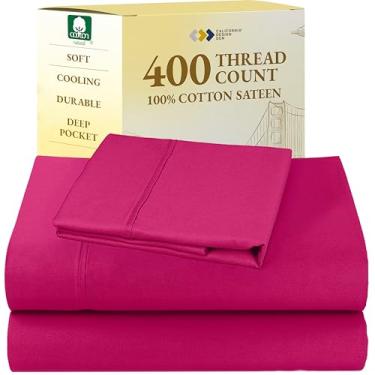 Imagem de California Design Den Jogo de lençóis de cama solteiro 100% algodão natural GG - 400 fios cetim, conjunto de lençóis Twin GG, bolsos profundos, elástico em toda a volta, roupa de cama fresca e durável