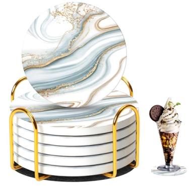 Imagem de Saraudy Conjunto de 6 porta-copos de cerâmica com suporte, estilo mármore, porta-copos absorvente para decoração de casa, carro, copos, canecas e copos (ouro)