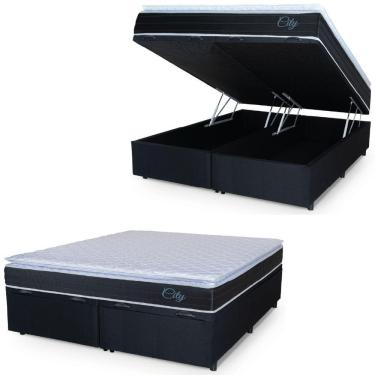 Imagem de Cama Box Baú Casal Queen Colchão C/ Molas Ensacadas City Pillow Top 158x198x64cm Hellen Preto/branco