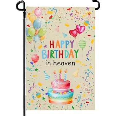 Imagem de Dacawin Feliz aniversário no céu, bandeira de jardim, 30,5 x 45,7 cm, dupla face, balão colorido, bolo, memorial, quintal, bandeira, decoração de aniversário, decoração para pátio, gramado, varanda