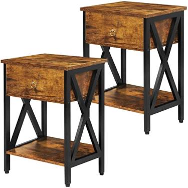 Imagem de JMLHMXC Mesas de cabeceira industriais de cabeceira com gaveta e prateleira de armazenamento, mesa lateral pequena para quarto, sala de estar, sofá e sofá, marrom conjunto de 2
