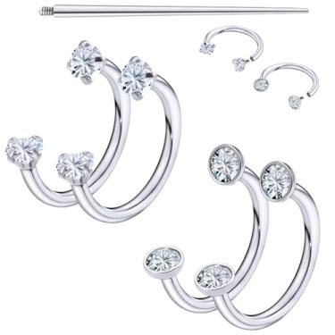 Imagem de Dyknasz Anel de nariz em ferradura 18G com rosca interna, argolas de aço cirúrgico, meio duplo, zircônia cúbica, piercing de nariz, lábio, sobrancelha, hélice, daith, piercing de orelha para mulheres