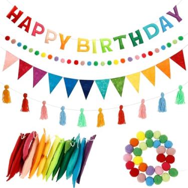 Imagem de Conjunto de faixa de feliz aniversário de pano de feltro pré-amarrado resistente a rasgos colorido aniversário bunting bola de feltro guirlanda para casa sala de estar quarto tenda (cor )