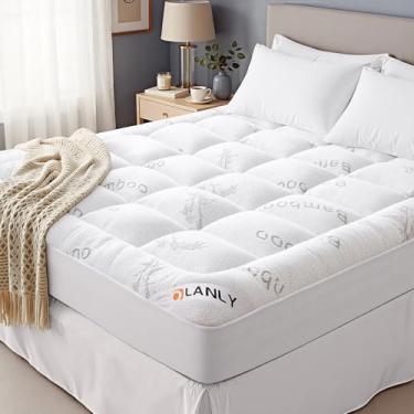 Imagem de OLANLY Topper de colchão completo – Parte superior de almofada refrescante de viscose feita de bambu, cobertura de cama de pelúcia com design acolchoado respirável, colchão completo macio para alívio