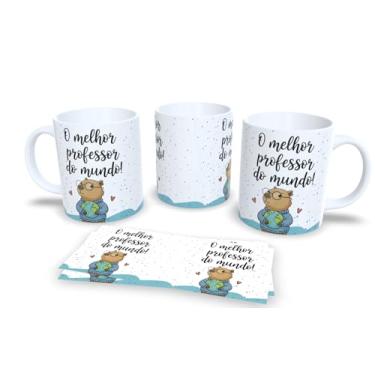 Imagem de Caneca Decorativa com Capivara Educadora, Porcelana Branca, Design Aquarela Azul e Verde, Mensagem Motivacional em Português (00018)