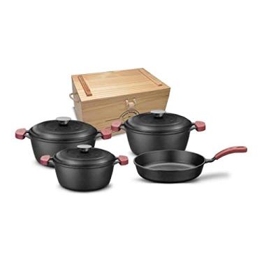 Imagem de MTA - Conjunto de 4 Peças de Caçarolas com Tampa de Ferro Fundido e Frigideira com Alças de Silicone, Caixa de Madeira
