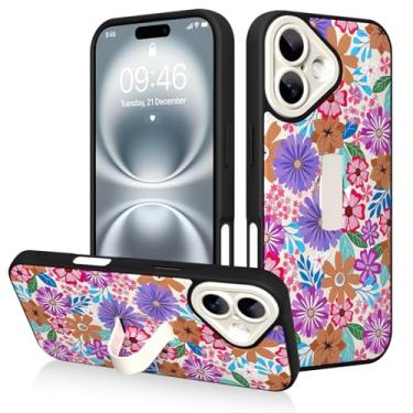 Imagem de AIGOMARA Capa para iPhone 16 com suporte de alça de dedo, estampa floral colorida para mulheres e meninas, capa protetora à prova de choque com suporte de mão antiarranhões, branca