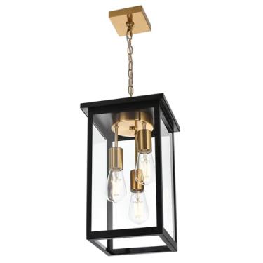Imagem de Yaohong Luzes pendentes externas para varanda, luzes de suspensão externas modernas de 3 luzes, lanterna suspensa externa com vidro transparente e altura ajustável, luzes de teto externas grandes para