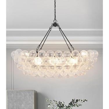 Imagem de Lzawvm Lustre bolha iluminação 12 luzes moderno luxo cluster lustre globo de vidro transparente para foyer, tetos altos, sala de jantar, entrada, sala de estar, oval longo, diâmetro 114 centímetros