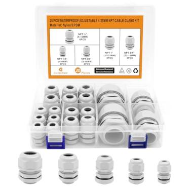 Imagem de Prensa-cabos à prova d'água, LISTENJIALE 20 peças de nylon NPT ajustáveis 4-25 mm conectores de cabo à prova d'água 1/10.2 cm 3/20.3 cm 1/5.1 cm 3/10.2 cm 2.5 cm juntas de glândula de cabo com juntas