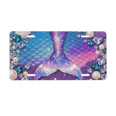 Imagem de UEQIKI Placa de licença frontal quadrada com cauda de sereia roxa com glitter para mulheres placas decorativas de alumínio metal bonito novidade capa de placa de licença para homens 6x12 polegadas (4