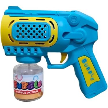Imagem de Lançador de Bolhas de Sabão, Azul Turquesa e Amarelo, 18x14cm, com Luzes LED, Funcionamento por Pilhas AA
