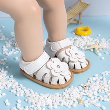 Imagem de Sandálias para bebês, meninas, meninos, flores, conforto, verão, uso ao ar livre, praia, recém-nascidos, pré-andadores, sola de borracha antiderrapante, sapatos para primeira caminhada, Branco, 18-24