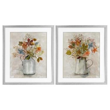 Imagem de Stupell Industries Autumn Bouquets Country Jugs 2 peças impressão emoldurada cinza conjunto sob vidro, design por Carol Robinson, 16 x 13